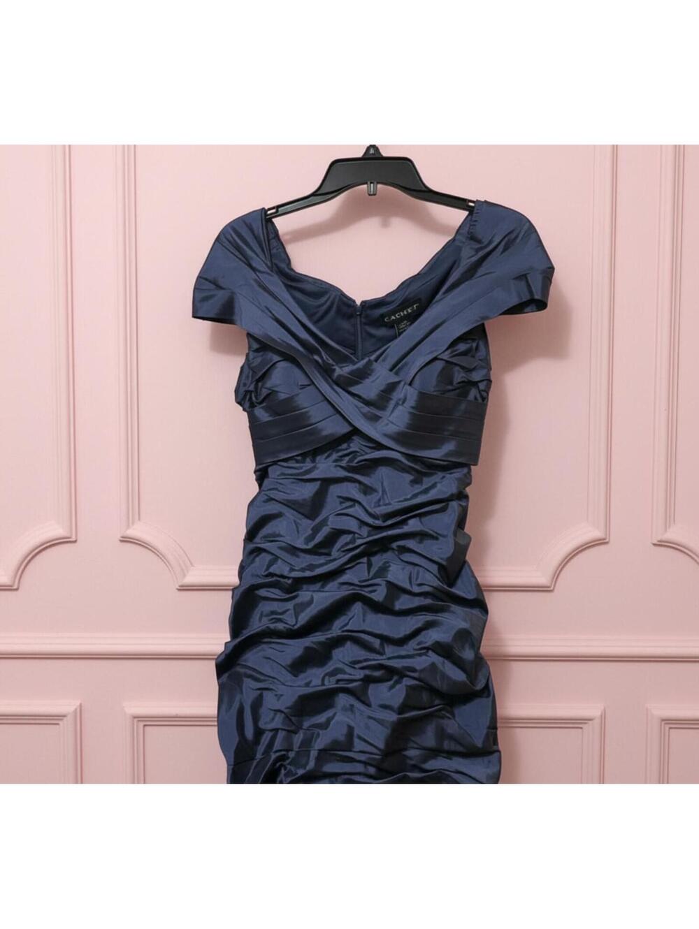 VTG Y2K Cachet Evening Gown Dress 6 Azure Blue Ruched Portrait Neck Prom NWT